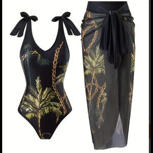 Green Coconut Tree  against black backdrop Print Swimsuit with a coverup